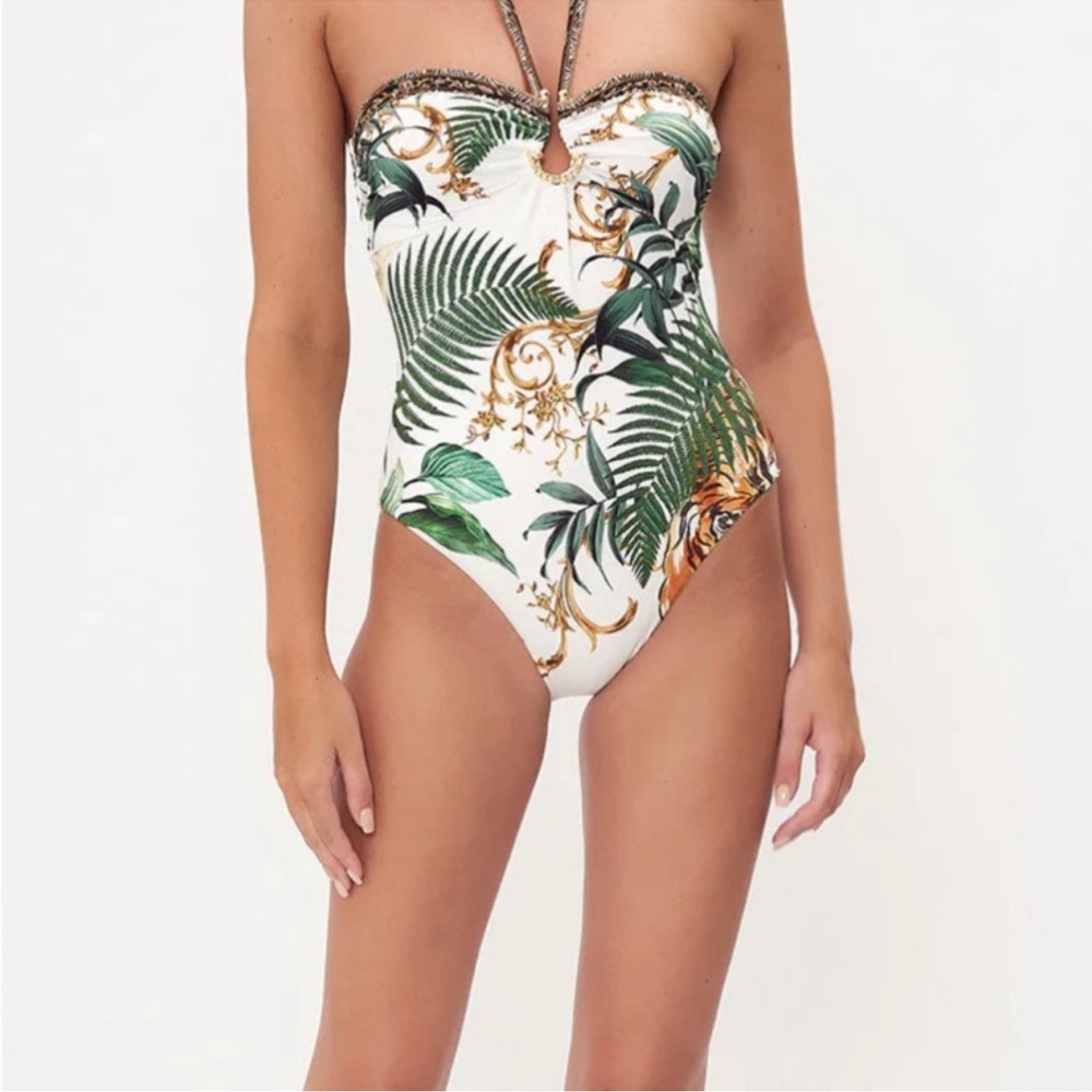 Camilla NWT WHITE Bandeau Green Brown w Ring Trim Tropical Swimsuit XS